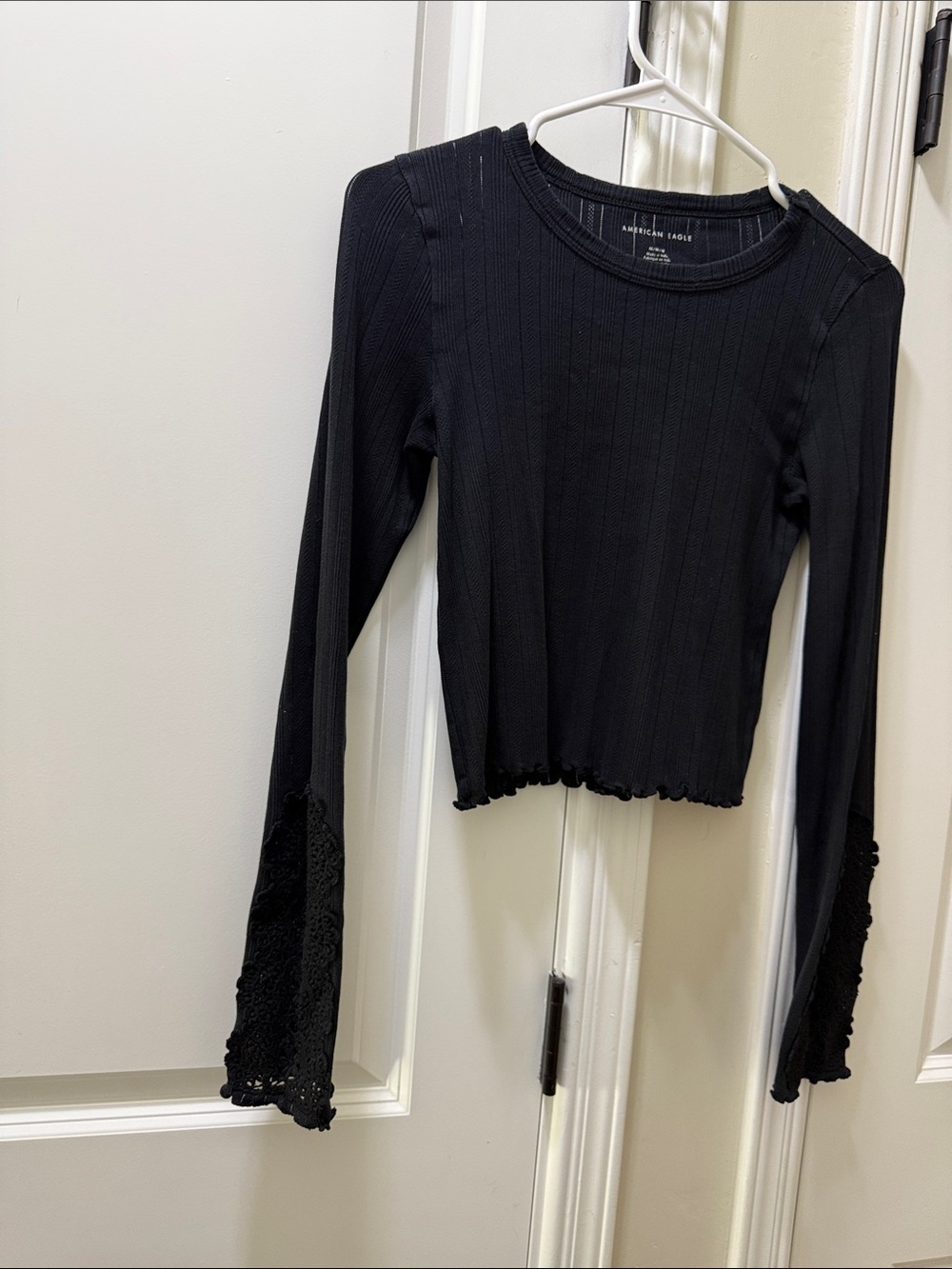 American Eagle Outfitters Black Ribbed Long-Sleeve Top with Lace Bell Cuffs
